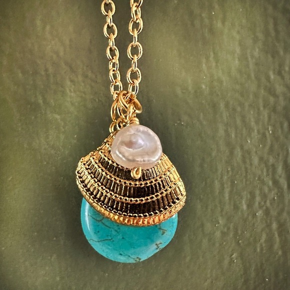 MAYAMAR Dipped 24K Gold Turquoise‎ Necklace Seashell Chain NWT Box RET $245 - Picture 3 of 10
